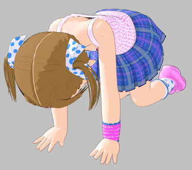 ekkusu kyuuzu, matsuoka miu, ichigo mashimaro, lowres, 1girl, 3d, brown hair, child, female focus, grey background, miniskirt, prostration, short hair, short twintails, simple background, skirt, socks, solo, tank top, twintails, two side up, wristband