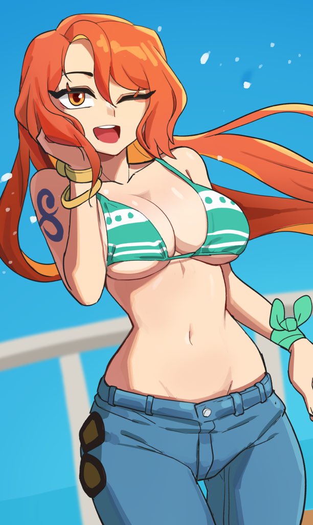 hyyun ho, june (hyyun ho), nami (one piece), one piece, original, commentary, commentary request, english commentary, 1girl, ;d, bikini, bikini top only, blue background, blue pants, bracelet, breasts, cleavage, cosplay, cowboy shot, denim, green bikini, green ribbon, hair down, hand in own hair, jeans, jewelry, large breasts, long hair, nami (one piece) (cosplay), navel, one eye closed, open mouth, orange eyes, orange hair, pants, ribbon, shoulder tattoo, smile, solo, stomach, swimsuit, tattoo, teeth, upper teeth only, wrist ribbon