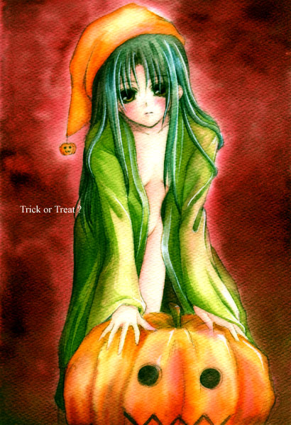 sugai, original, 1girl, expressionless, female focus, green eyes, green hair, halloween, hat, jack-o'-lantern, long hair, matching hair/eyes, naked shirt, no bra, no panties, red background, shirt, solo, trick or treat