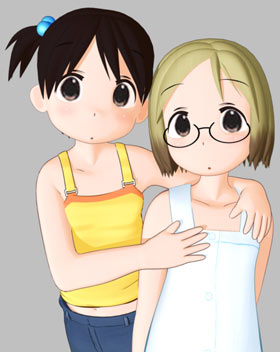 ekkusu kyuuzu, itou chika, sakuragi matsuri, ichigo mashimaro, lowres, 2girls, 3d, arms around neck, bare shoulders, black hair, brown eyes, brown hair, camisole, child, denim, dress, glasses, hair bobbles, hair ornament, jeans, looking at viewer, multiple girls, pants, short hair, side ponytail, sundress
