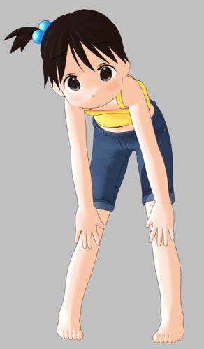 itou chika, ichigo mashimaro, lowres, 1girl, 3d, :o, barefoot, bent over, black eyes, black hair, capri pants, child, denim, feet, female focus, full body, grey background, hair bobbles, hair ornament, hands on own knees, jeans, legs apart, looking at viewer, pants, side ponytail, simple background, solo, standing, toes