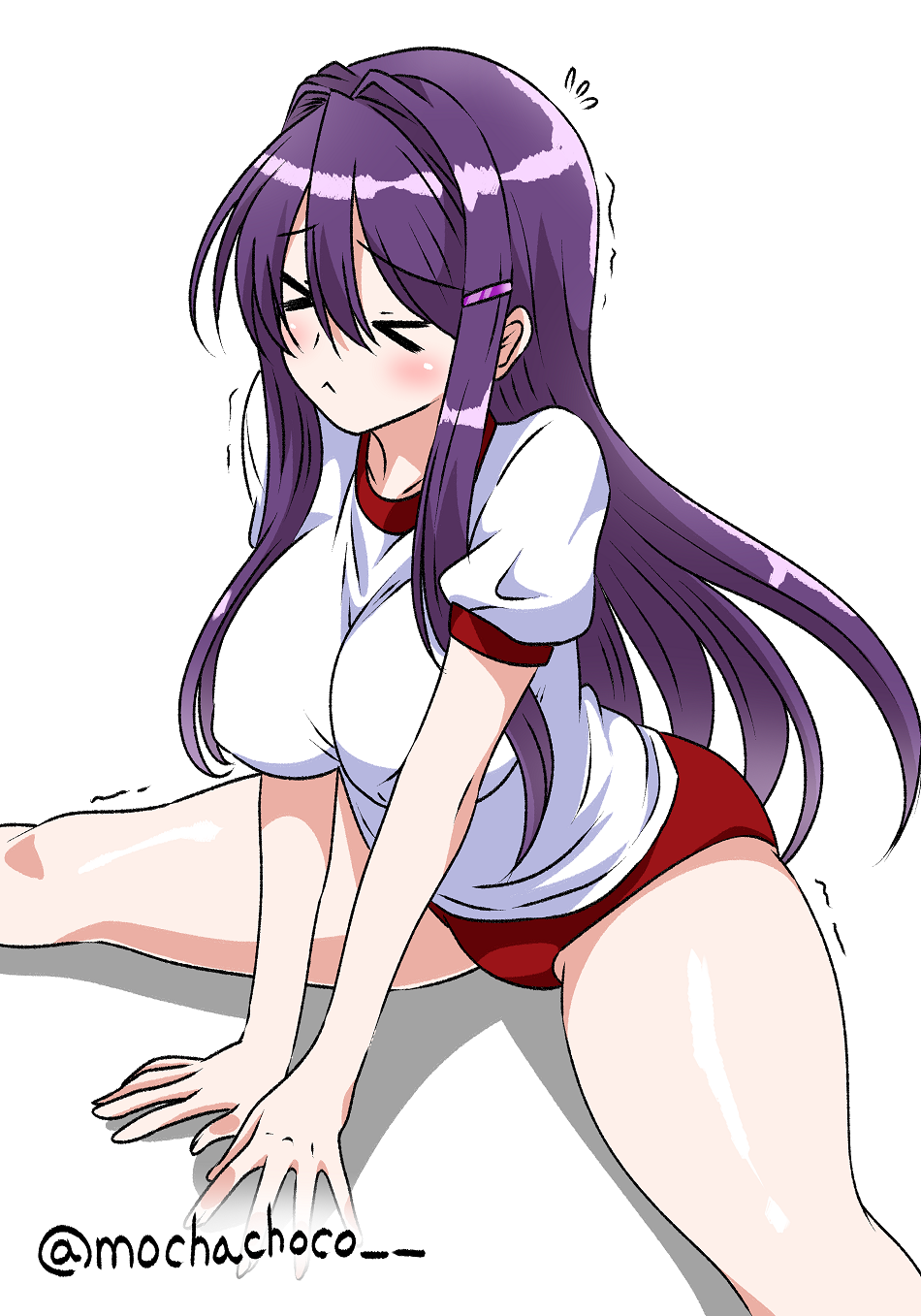 mochachoco, yuri (doki doki literature club), doki doki literature club, commentary request, highres, > <, 1girl, blush, breasts, buruma, closed eyes, closed mouth, collarbone, flying sweatdrops, gym uniform, hair between eyes, hair ornament, hairclip, large breasts, long hair, purple hair, red buruma, shirt, short sleeves, sidelocks, simple background, stretching, thighs, trembling, twitter username, white background, white shirt