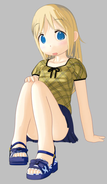 ana coppola, ichigo mashimaro, 1girl, 3d, arm support, blonde hair, blouse, blue eyes, female focus, grey background, hand on own knee, knees up, long hair, open mouth, sandals, shirt, simple background, sitting, skirt, solo