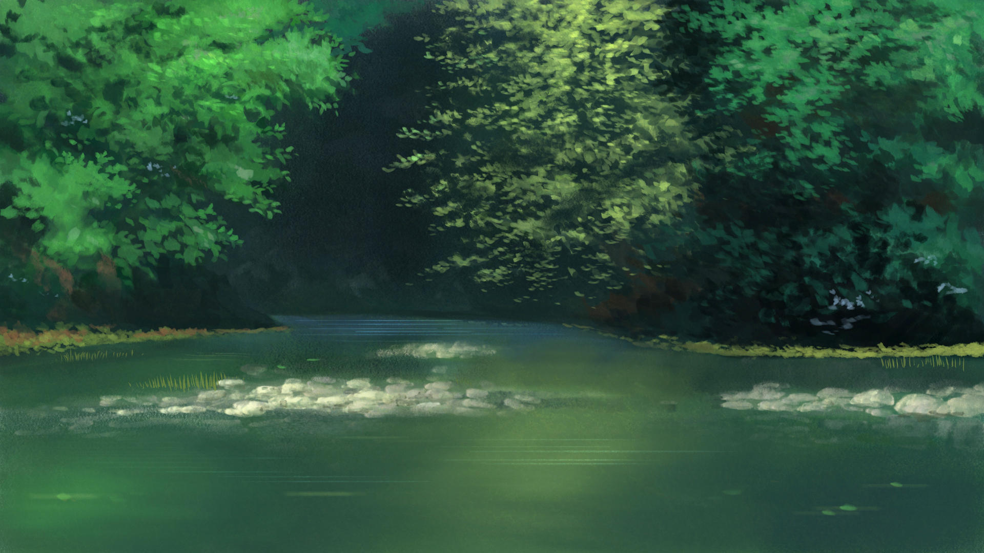 naohiro, original, highres, painting (medium), traditional media, day, forest, nature, no humans, outdoors, pond, scenery, tree, water