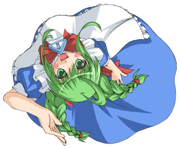 karin tou, me-tan, os-tan, 1girl, ahoge, braid, female focus, from above, green eyes, green hair, simple background, solo, twin braids, white background