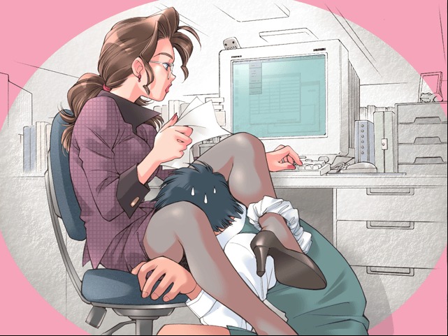 kerorin, domo-kun, nhk (broadcaster), shinobi hanafuda, game cg, 1boy, 1girl, black hair, brown hair, chair, computer, computer keyboard, crossdressing, cunnilingus, emotionless sex, femdom, formal clothes, glasses, hetero, high heels, implied cunnilingus, long hair, multitasking, office lady, on chair, oral, panties, panties around leg, pantyhose, pencil skirt, ponytail, pumps, shoes, sitting, skirt, skirt suit, suit, sweatdrop, underwear, unmoving pattern, white panties