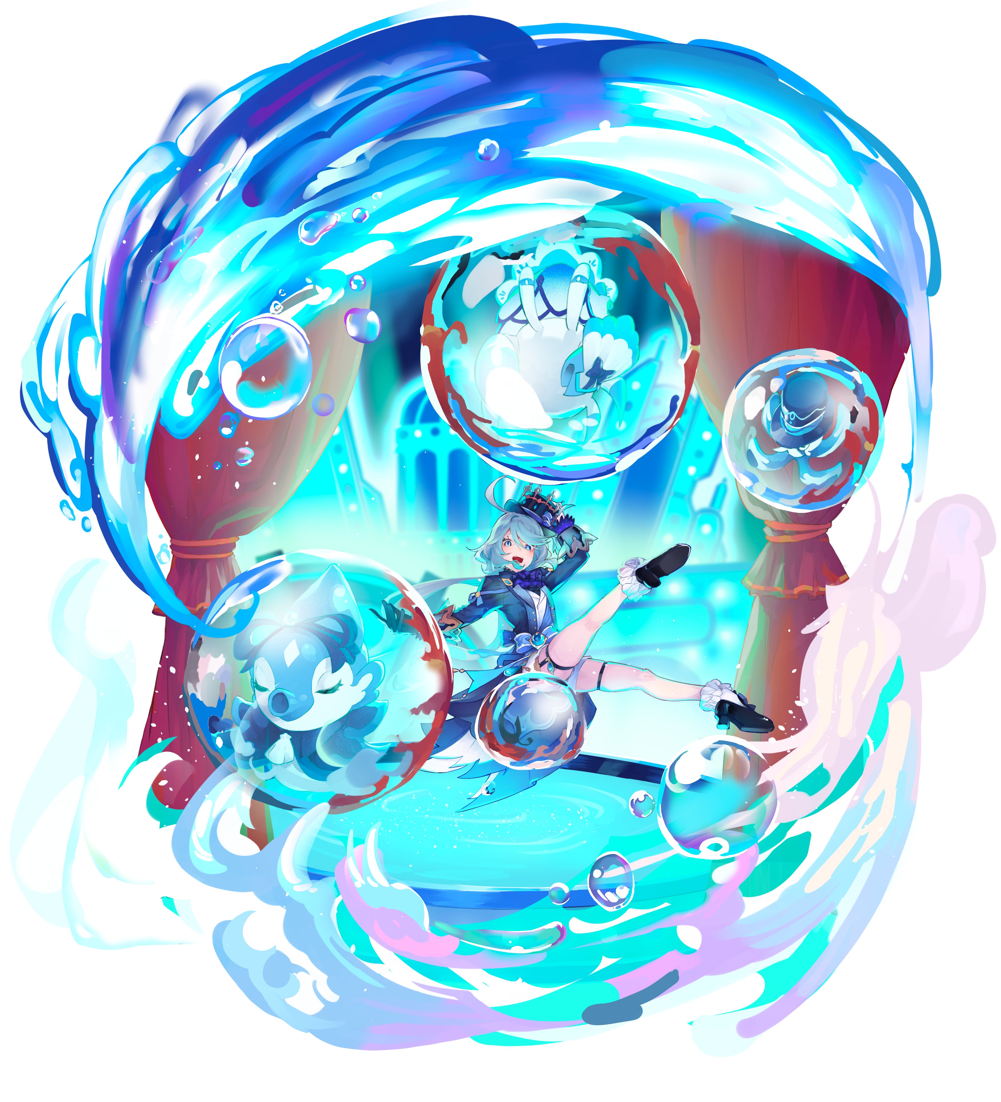 yongo (ssaa9675), furina (genshin impact), genshin impact, absurdres, highres, 1girl, black gloves, black shoes, blue eyes, blue hair, blue hat, bubble, gloves, hat, looking at viewer, shoes, smile, solo, thigh strap, thighs, water, white background, white gloves