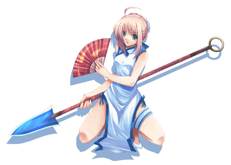 artoria pendragon (fate), saber (fate), fate/stay night, fate (series), 00s, ahoge, blonde hair, china dress, chinese clothes, dress, folding fan, green eyes, hand fan, holding, holding fan, polearm, simple background, solo, spear, weapon, white background