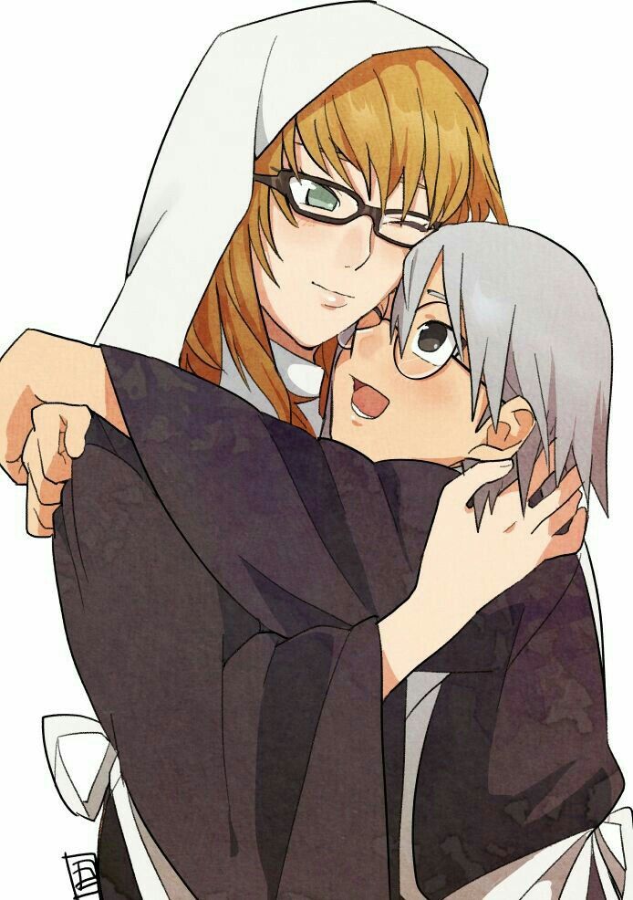 roko (abekawa), yakushi kabuto, yakushi nonou, naruto (series), naruto shippuuden, bad id, bad pixiv id, 1boy, 1girl, apron, black dress, black eyes, blonde hair, closed eyes, closed mouth, dress, green eyes, grey hair, hug, long hair, one eye closed, open mouth, round eyewear, short hair, simple background, smile, veil, white apron, white background