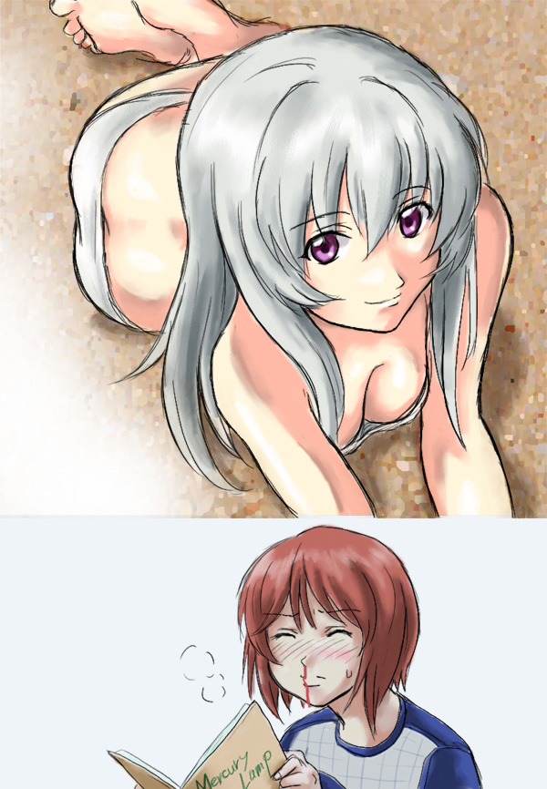 souseiseki, suigintou, rozen maiden, silver hair, 00s, 2girls, blood, blush, book, breasts, cleavage, female pervert, heterochromia, medium breasts, multiple girls, nosebleed, panties, pervert, purple eyes, short hair, underwear, white panties, yuri