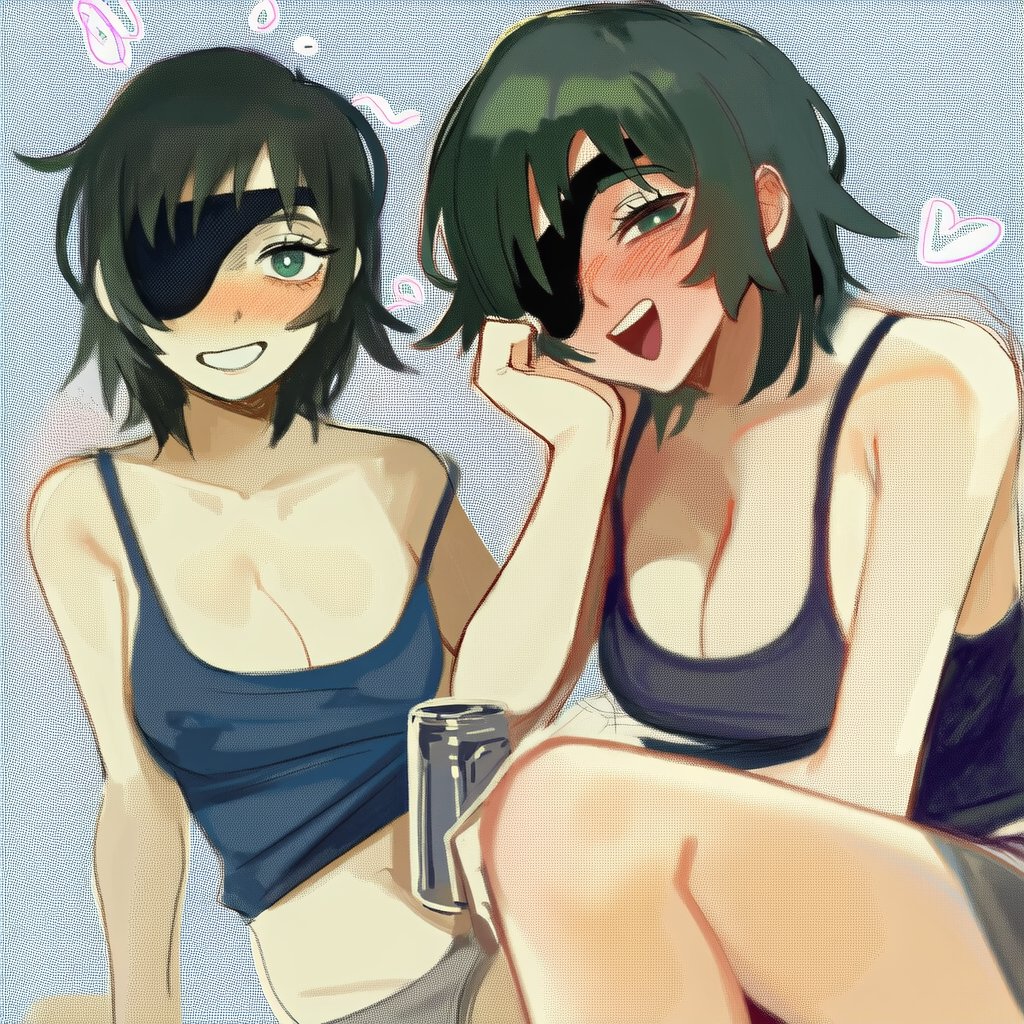lapis slopzuli, himeno (chainsaw man), chainsaw man, 1girl, beer can, black hair, blue tank top, blush, breasts, can, cleavage, drink can, drunk, eyepatch, green eyes, grey background, grin, heart, holding, holding can, large breasts, looking at viewer, multiple views, open mouth, smile, tank top, teeth, upper teeth only