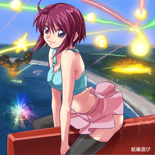 haruyama kazunori, lunamaria hawke, gundam, gundam seed, gundam seed destiny, lowres, translated, 00s, 1girl, ahoge, black thighhighs, blouse, blue shirt, bra, crotch rub, female focus, hair between eyes, microskirt, miniskirt, navel, no panties, outdoors, purple eyes, purple hair, pussy juice, red hair, shirt, short hair with long locks, sitting, skirt, sleeveless, sleeveless shirt, solo, thighhighs, underwear
