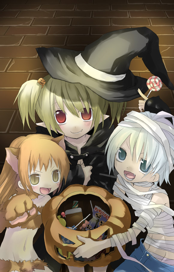 sazaki ichiri, original, 3girls, animal ears, bandages, blonde hair, blue eyes, candy, fang, food, hair ornament, halloween, hat, jack-o'-lantern, long hair, midriff, multiple girls, navel, open mouth, orange hair, pumpkin, red eyes, short hair, slit pupils, witch, witch hat, yellow eyes