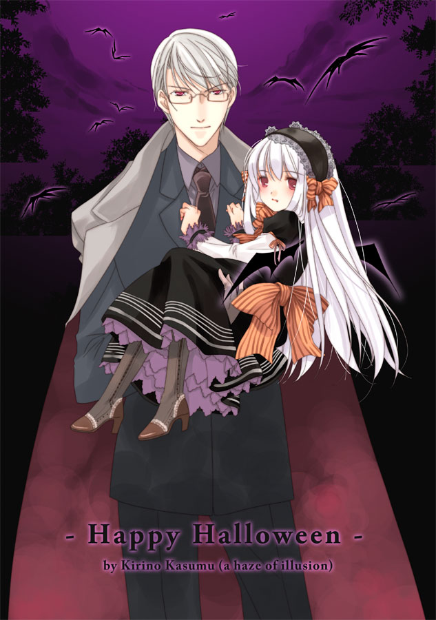 kirino kasumu, original, 1boy, 1girl, albino, bat (animal), boots, bow, carrying, demon wings, dress, formal clothes, goth fashion, hairband, halloween, hands on another's chest, happy halloween, long coat, long hair, looking at viewer, necktie, night, princess carry, puffy sleeves, red eyes, short hair, size difference, sky, suit, very long hair, white hair, wings
