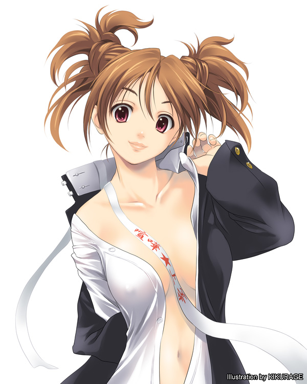 kikurage (plastic people), original, 1girl, brown hair, female focus, gakuran, no bra, open clothes, open shirt, red eyes, school uniform, serafuku, shirt, solo, twintails
