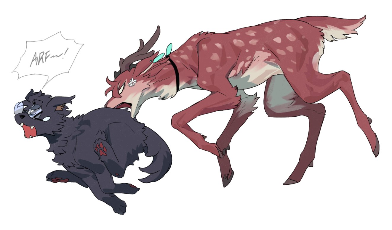 ayase momo, takakura ken (dandadan), dandadan, bad link, > <, anger vein, animalization, barking, centauroid, claws, deer, dog, earrings, from side, glasses, headband, hooves, jewelry, round eyewear, running, sound effects, taur, tearing up
