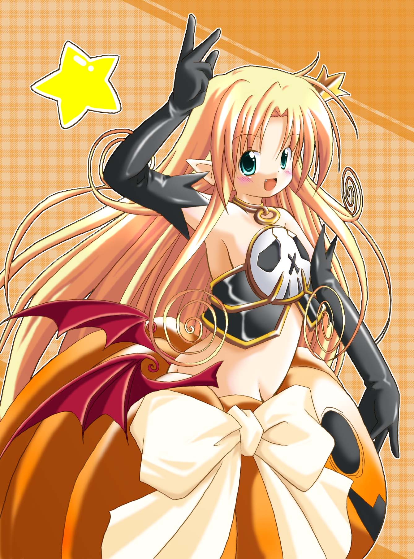 kopa hiroshi, melissa seraphy, waga mama capriccio, highres, 1girl, :d, aqua eyes, arm up, black gloves, blonde hair, blush, bow, collar, crown, demon girl, elbow gloves, fang, female focus, gloves, halloween, jack-o'-lantern, long hair, looking at viewer, low wings, open mouth, orange background, parted bangs, plaid background, pointy ears, sidelocks, smile, solo, star (symbol), v, very long hair, wings