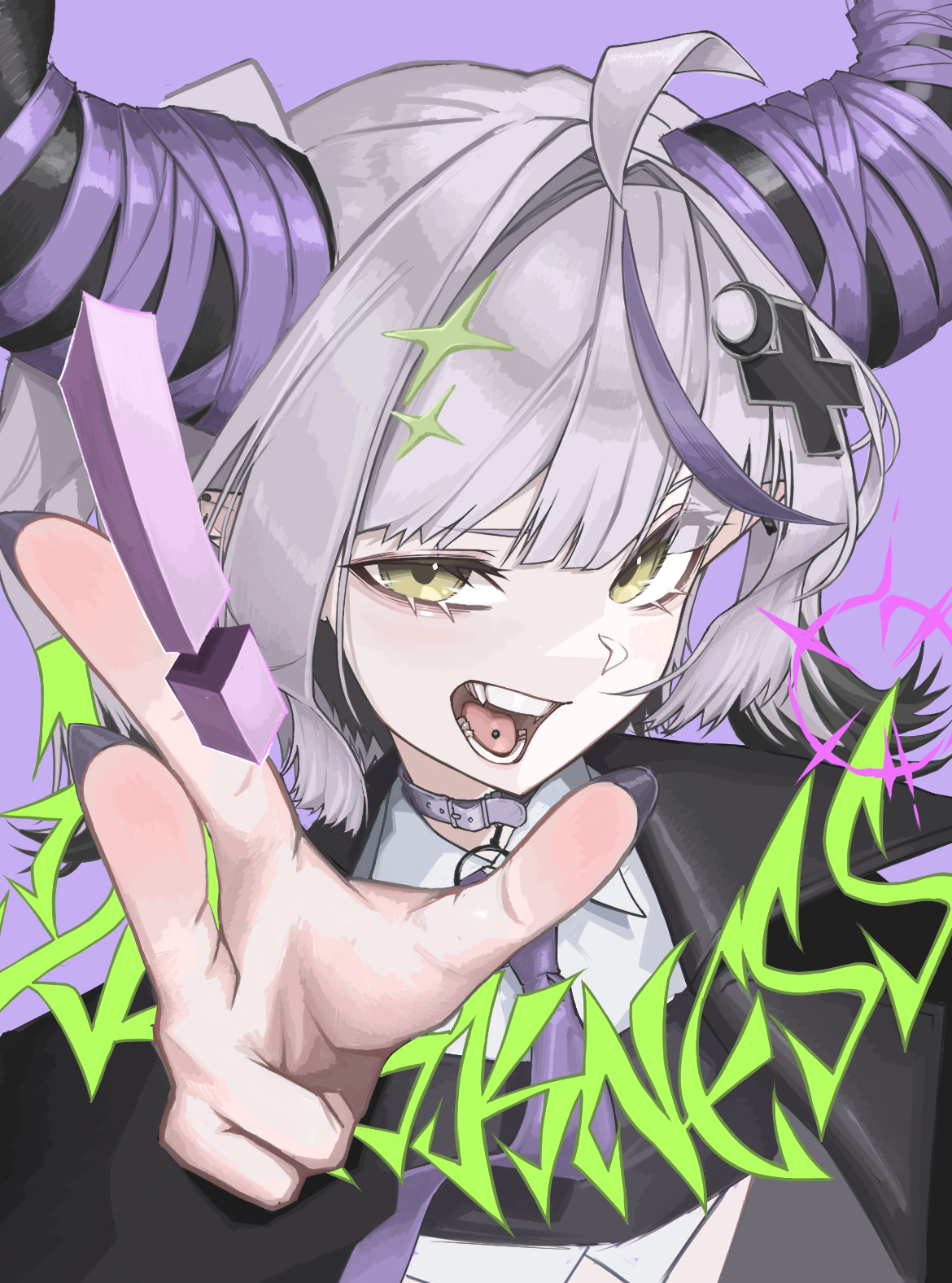 9tk9m, la+ darknesss, hololive, highres, 1girl, black coat, black horns, black nails, coat, collared shirt, crescent, crescent hair ornament, cross hair ornament, grey hair, hair ornament, horns, long hair, looking at viewer, necktie, purple background, purple necktie, purple ribbon, purple streaks, ribbon, shirt, simple background, solo, virtual youtuber, white shirt, yellow eyes