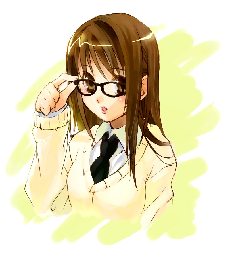 original, 1girl, adjusting eyewear, blush, brown hair, female focus, glasses, long hair, necktie, open mouth, school uniform, solo, sweater