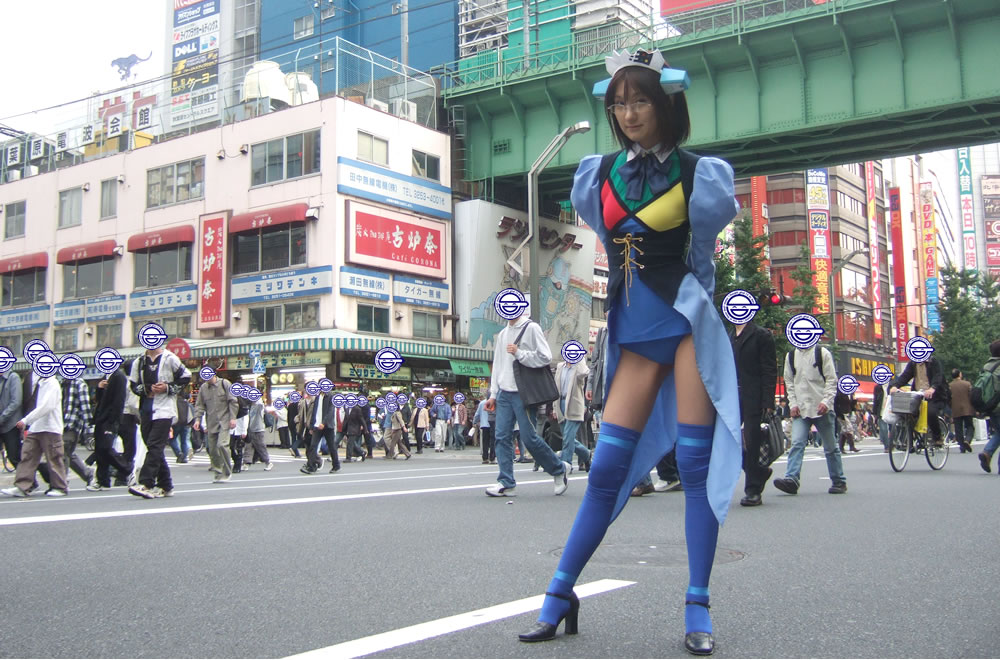 2k-tan, akibablog, os-tan, cosplay photo, photo (medium), cosplay, glasses, laughing man (gits), solo, thighhighs