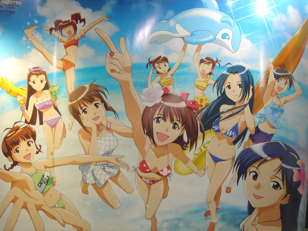 kubooka toshiyuki, akizuki ritsuko, amami haruka, futami ami, futami mami, hagiwara yukiho, kikuchi makoto, kisaragi chihaya, minase iori, miura azusa, takatsuki yayoi, idolmaster, idolmaster (classic), idolmaster 1, official art, photo (medium), 00s, 6+girls, barefoot, bikini, braid, brown eyes, brown hair, cloud, everyone, multiple girls, navel, red bikini, siblings, sisters, sky, string bikini, swimsuit, tankini, thighs, twin braids, twins, water