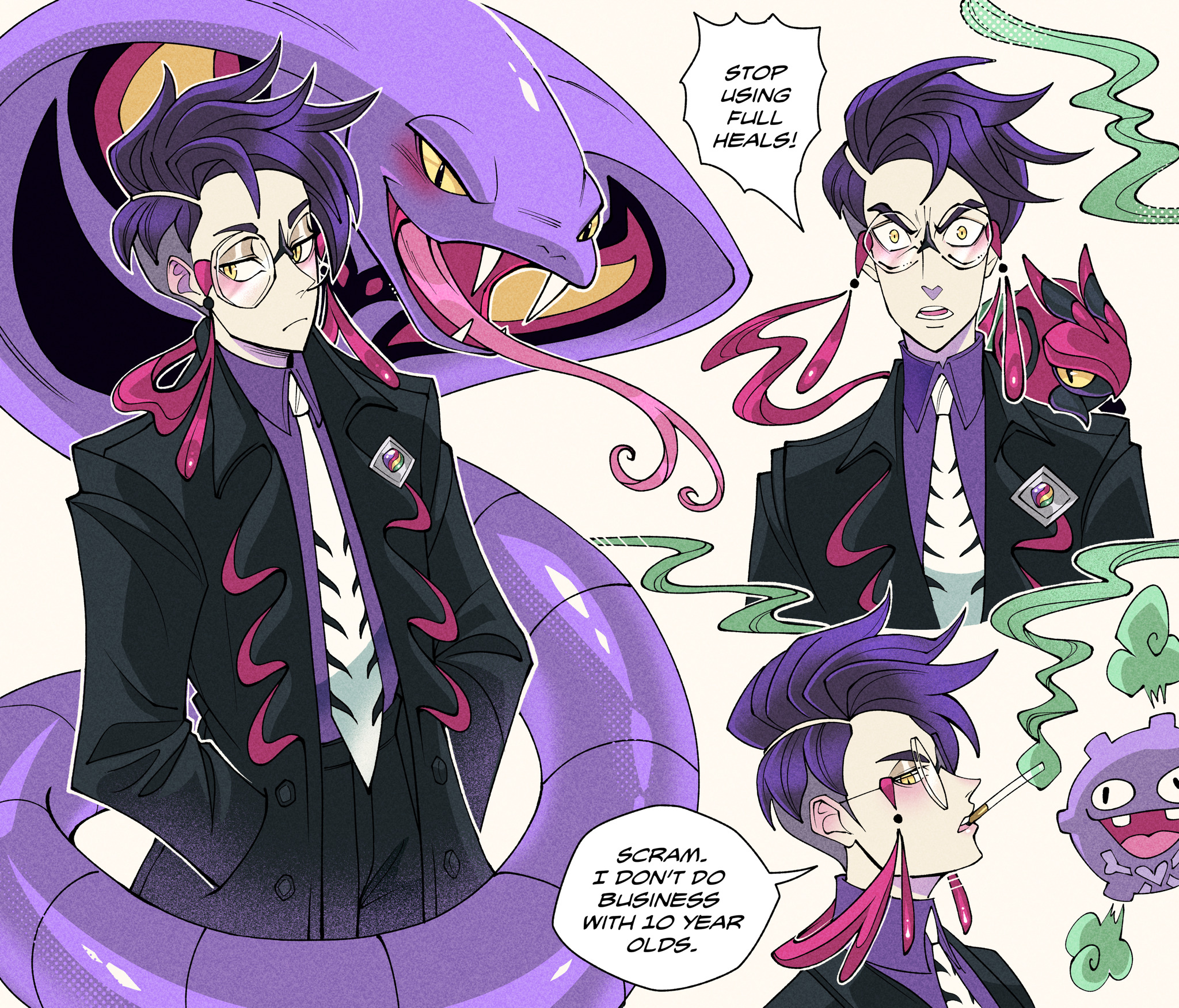 hannahalexart, arbok, corbeau (pokemon), koffing, venipede, nintendo, pokemon, highres, 1boy, cigarette, collared shirt, colored sclera, eyewear strap, forked tongue, gen 1 pokemon, gen 5 pokemon, glasses, light frown, male focus, mega stone, multiple views, necktie, pokemon (creature), purple hair, purple shirt, round eyewear, shirt, short hair, smoke, smoking, speech bubble, tongue, white background, white necktie, yellow eyes, yellow sclera