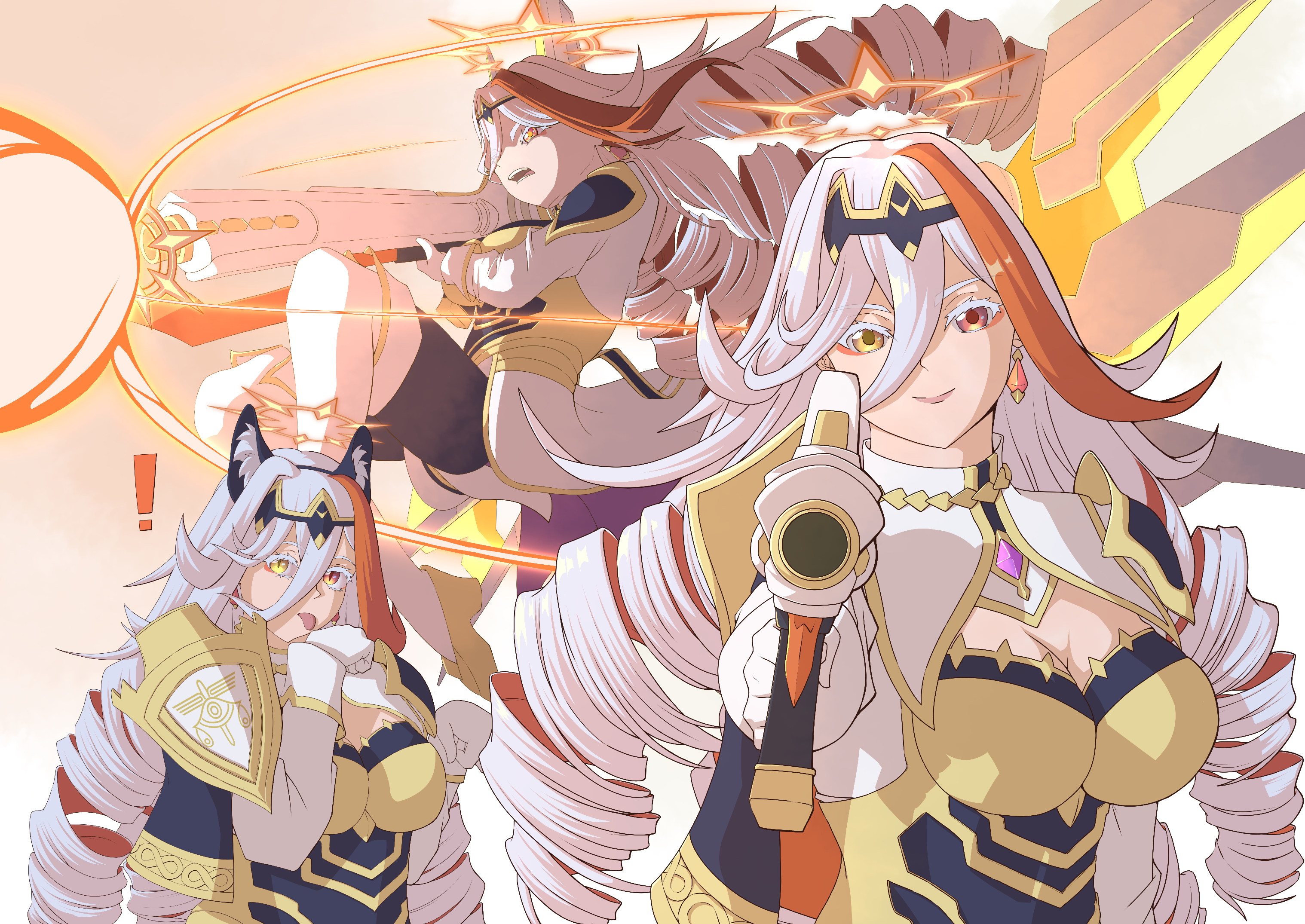radicalslab, baldr (fire emblem heroes), fire emblem, fire emblem heroes, nintendo, commentary, english commentary, highres, !, 3girls, animal ears, baldr (rays of judgment) (fire emblem heroes), breasts, cat ears, cleavage, drill hair, gun, hair between eyes, heterochromia, holding, holding gun, holding weapon, kemonomimi mode, large breasts, licking, multicolored hair, multiple girls, official alternate costume, orange hair, red eyes, smile, streaked hair, tongue, two-tone hair, weapon, white hair, yellow eyes