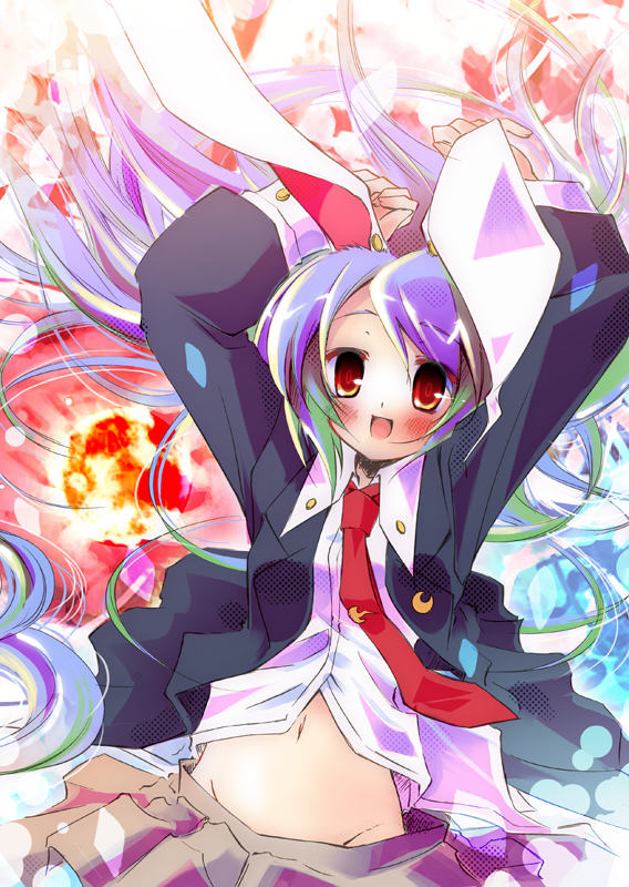 kamiya yuu, pixel phantom, reisen udongein inaba, touhou, 1girl, animal ears, arms up, female focus, groin, long hair, midriff, navel, necktie, no panties, purple hair, rabbit ears, red eyes, red necktie, smile, solo, stomach
