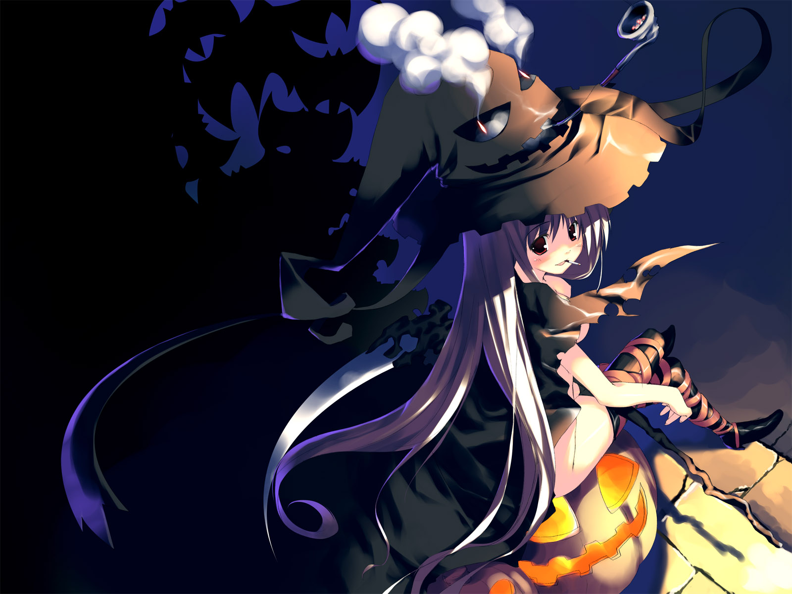 kagome (traumatize), original, highres, 1girl, cape, cigarette, female focus, halloween, hat, jack-o'-lantern, kiseru, naked cape, pumpkin, smoking, smoking pipe, solo, thighhighs, witch, witch hat