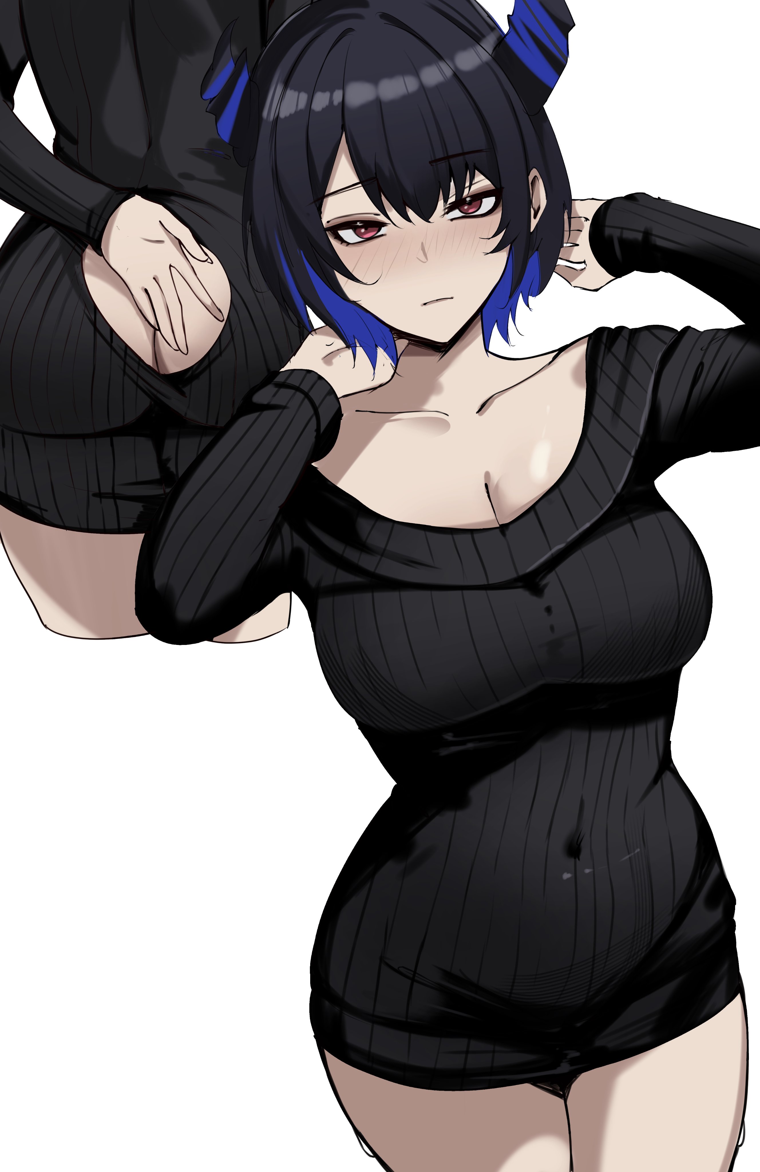 meeko illus, nerissa ravencroft, hololive, hololive english, absurdres, commentary, english commentary, highres, 1girl, alternate costume, ass, ass cutout, black dress, black hair, black horns, blue hair, breasts, cleavage, closed mouth, clothing cutout, colored inner hair, covered navel, dress, horns, large breasts, long sleeves, multicolored hair, multiple views, red eyes, short dress, short hair, simple background, sweater, sweater dress, virtual youtuber, white background