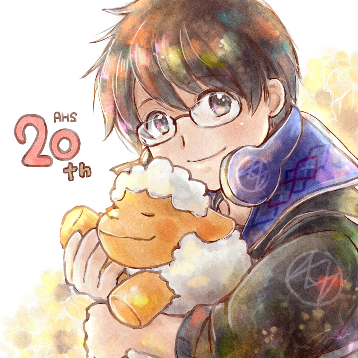 tenryuukou, hiyama kiyoteru, synthesizer v, vocaloid, commentary request, highres, 1boy, animal, anniversary, black eyes, black hair, black jacket, closed mouth, glasses, hair between eyes, headphones, headphones around neck, hiyama kiyoteru (sv), holding, holding animal, jacket, looking at viewer, male focus, sheep, short hair, smile, solo