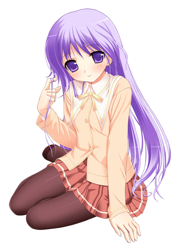 takayaki, watarase jun, happiness!, 00s, 1boy, arm support, full body, long hair, male focus, pantyhose, pleated skirt, purple eyes, purple hair, school uniform, serafuku, simple background, sitting, skirt, solo, trap, twirling hair, white background