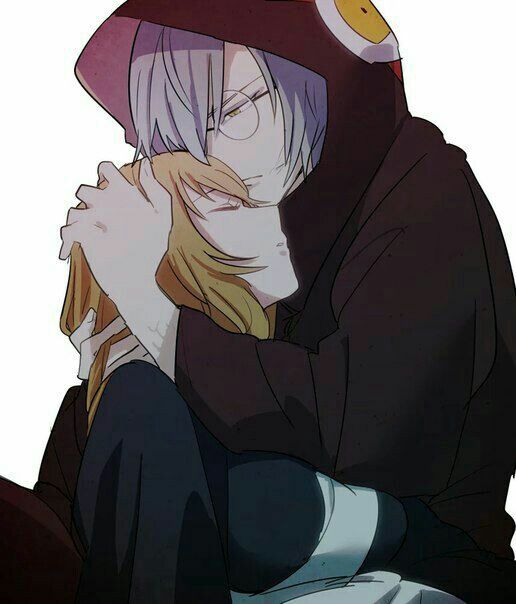 roko (abekawa), yakushi kabuto, yakushi nonou, naruto (series), naruto shippuuden, bad id, bad pixiv id, 1boy, 1girl, apron, black dress, blonde hair, closed eyes, closed mouth, coat, dress, grey hair, hug, long hair, one eye closed, red coat, round eyewear, short hair, simple background, veil, white apron, white background, yellow eyes