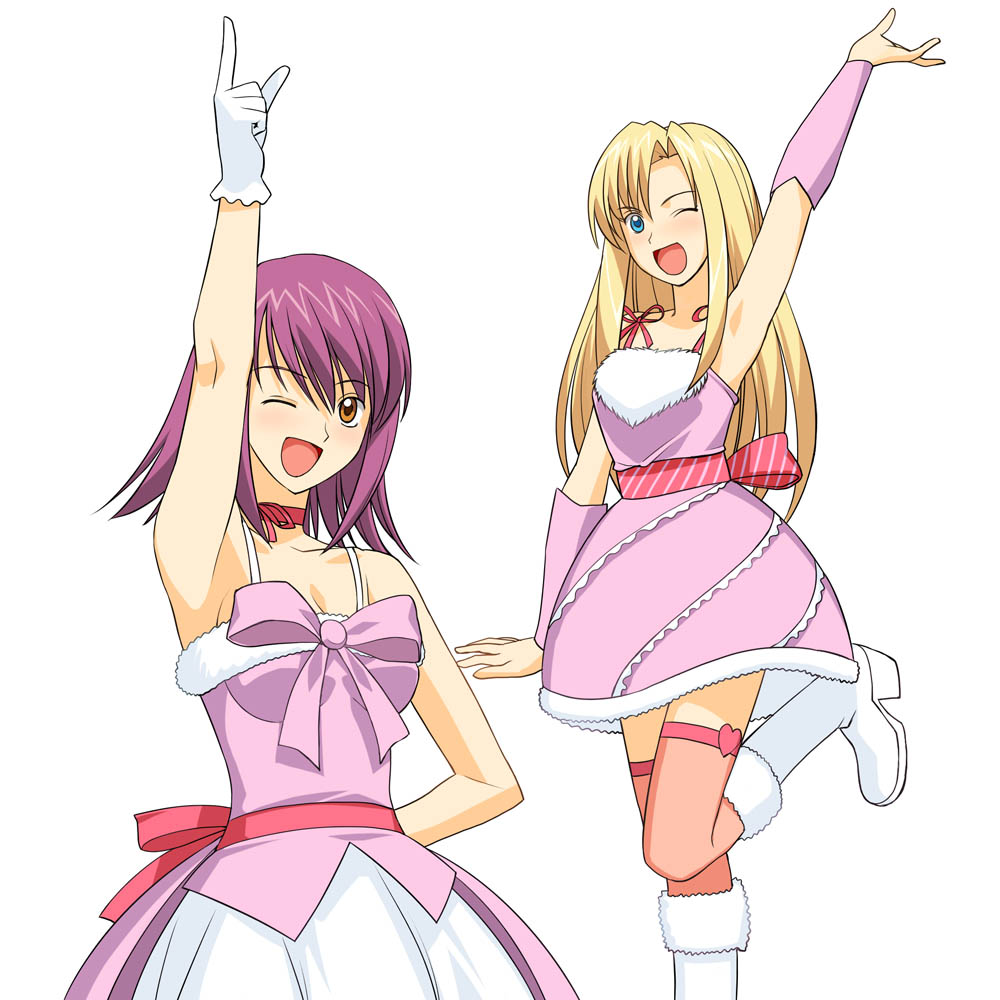 a1 (initial-g), amami haruka, layla hamilton, naegino sora, takatsuki yayoi, idolmaster, idolmaster (classic), idolmaster 1, kaleido star, 2girls, amami haruka (cosplay), bow, cosplay, crossover, cute & girly (idolmaster), multiple girls, parody, pink bow, snow strawberry, takatsuki yayoi (cosplay), thighhighs