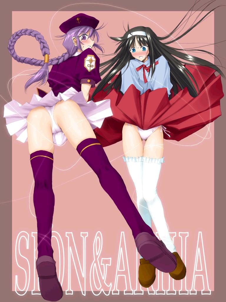 pin.x, sion eltnam (type-moon), sion eltnam atlasia, tohno akiha, melty blood, tsukihime, jpeg artifacts, 00s, 2girls, ass, beret, black hair, blouse, blue eyes, blush, braid, cameltoe, covering crotch, covering privates, embarrassed, hairband, hat, jacket, long hair, multiple girls, panties, pantyshot, purple eyes, purple hair, shirt, shoes, side-tie panties, single braid, skirt, skirt tug, standing, string, thigh gap, thighhighs, thighs, underwear, upskirt, very long hair, white panties, white thighhighs, wind, wind lift