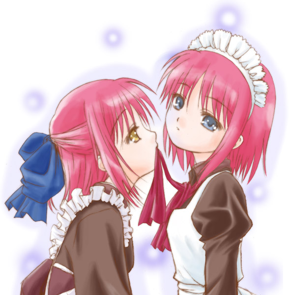 hisui (tsukihime), kohaku (tsukihime), melty blood, tsukihime, type-moon, 00s, 2girls, half updo, incest, maid, mouth hold, multiple girls, ribbon, siblings, sisters, twincest, twins, undressing, yuri