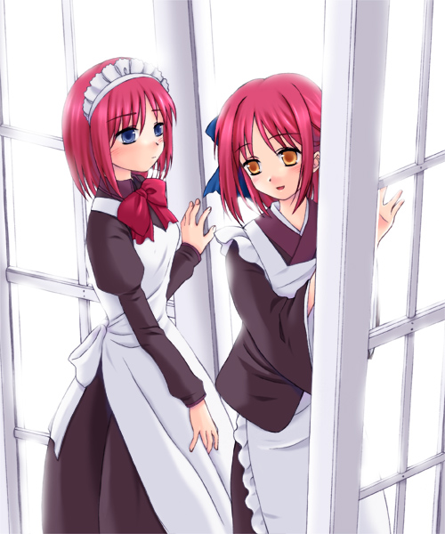 ayase toworu, hisui (tsukihime), kohaku (tsukihime), tsukihime, 00s, 2girls, apron, blue eyes, door, hair ribbon, maid, maid apron, maid headdress, multiple girls, red hair, ribbon, short hair, siblings, sisters, twins, yellow eyes