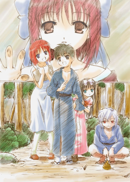 q-gaku, hisui (tsukihime), kohaku (tsukihime), nanaya shiki, tohno akiha, tohno shiki, tohno shiki (2), tsukihime, 00s, 2boys, 3girls, aged down, artistic error, black hair, blue eyes, bow, child, dress, geta, hairband, japanese clothes, long hair, multiple boys, multiple girls, open mouth, poop, red eyes, red hair, ribbon, sandals, short hair, siblings, sisters, smile, twins, white hair, zouri