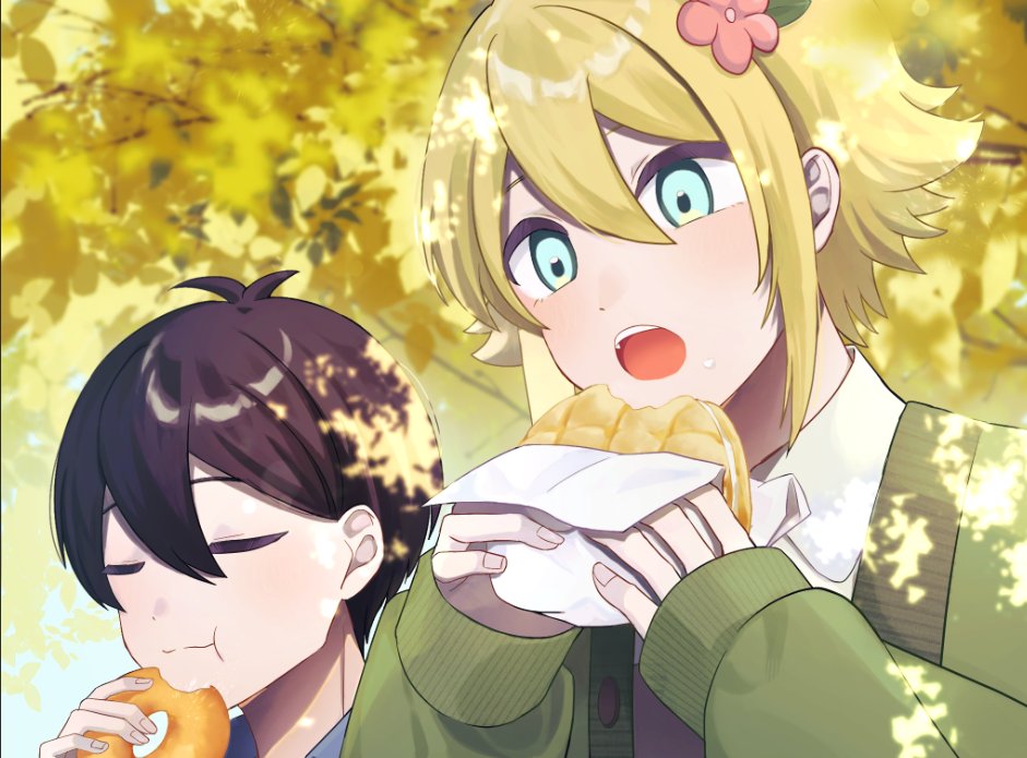 genk1zam4s, basil (birthday) (omori), basil (faraway) (omori), basil (omori), sunny (birthday) (omori), sunny (omori), omori, 2boys, antenna hair, black hair, blonde hair, blue eyes, cardigan, closed mouth, collared shirt, donut, double-parted bangs, eating, fingernails, flower, food, green cardigan, hair between eyes, hair flower, hair ornament, holding, holding donut, holding food, male focus, multiple boys, open mouth, outdoors, shirt, short hair, sidelocks, sleeves past wrists, teeth, tree, upper teeth only, white shirt