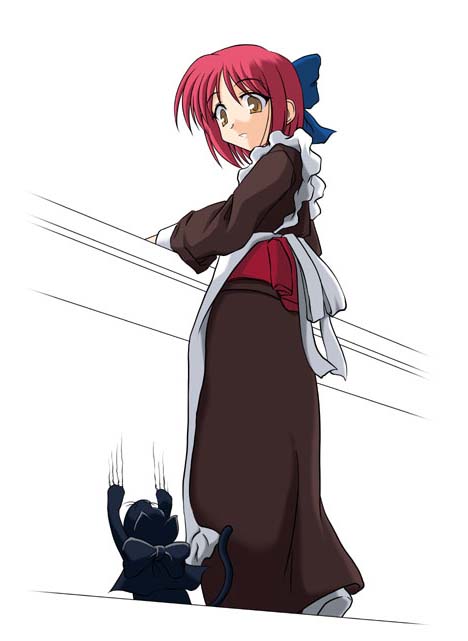 kohaku (tsukihime), len (cat) (tsukihime), len (tsukihime), tsukihime, 00s, 1girl, apron, cat, female focus, japanese clothes, kimono, looking back, maid, maid apron, partially colored, red hair, scratches, simple background, solo