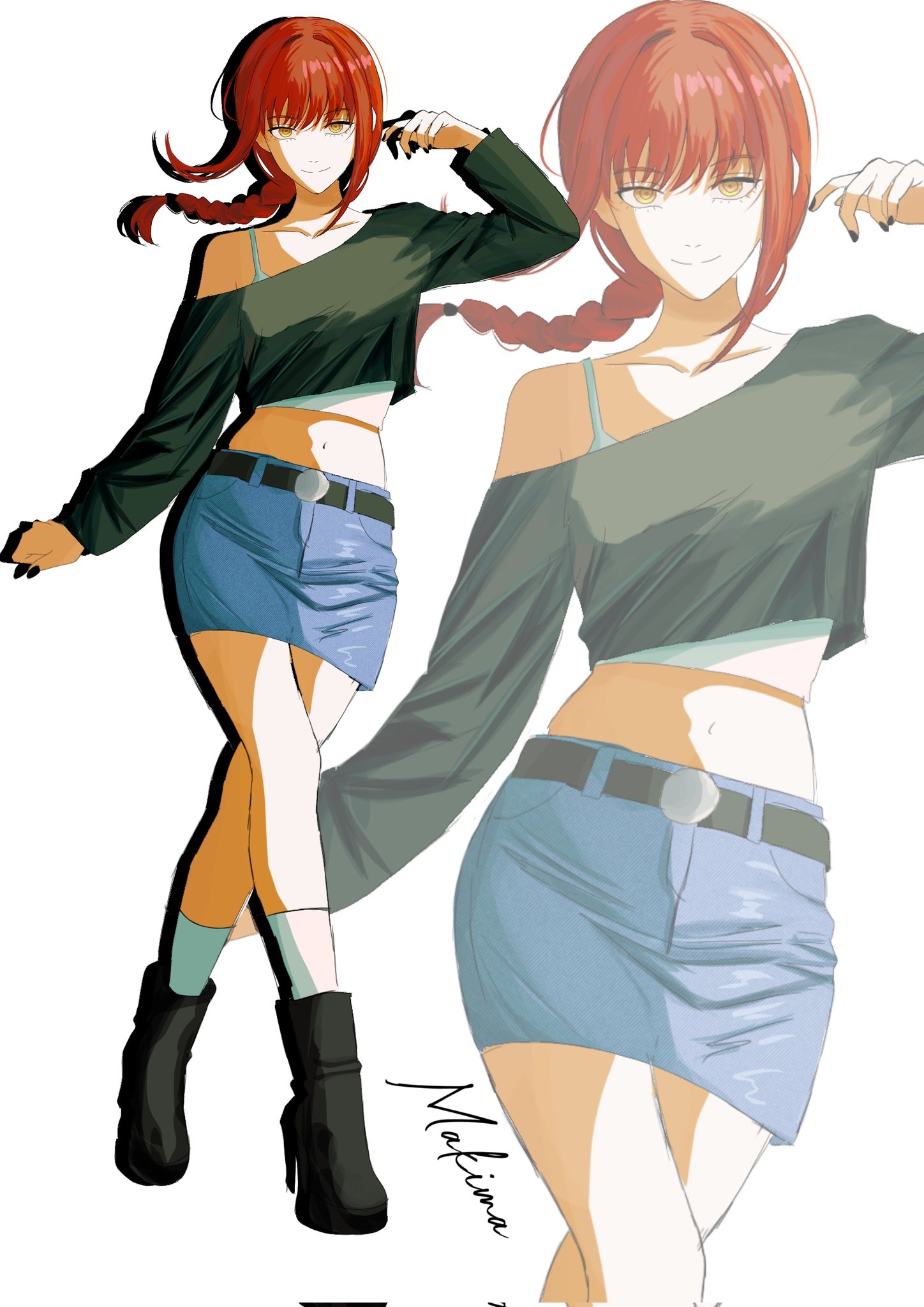 mccheese, makima (chainsaw man), chainsaw man, highres, 1girl, belt, belt buckle, black belt, black boots, black shirt, blue skirt, boots, braid, braided ponytail, buckle, closed mouth, crop top, denim, denim skirt, full body, high heel boots, high heels, long hair, looking at viewer, miniskirt, navel, red hair, ringed eyes, shirt, skirt, smile, socks, solo, white socks, yellow eyes, zoom layer