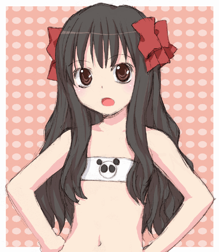 takenashi eri, arima miyako, melty blood, tsukihime, 00s, 1girl, bandeau, female focus, flat chest, hair ribbon, hands on own hips, loli, long hair, navel, open mouth, ribbon, solo, strapless, tube top