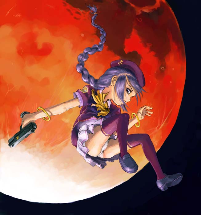 sion eltnam (type-moon), sion eltnam atlasia, melty blood, tsukihime, 00s, 1girl, ascot, beret, black eyes, black shoes, blue hair, bracelet, braid, braided ponytail, falling, female focus, full moon, gun, handgun, hat, jewelry, long hair, miniskirt, moon, panties, pantyshot, pistol, pleated skirt, purple thighhighs, shoes, skirt, solo, thighhighs, underwear, upskirt, very long hair, weapon, white panties