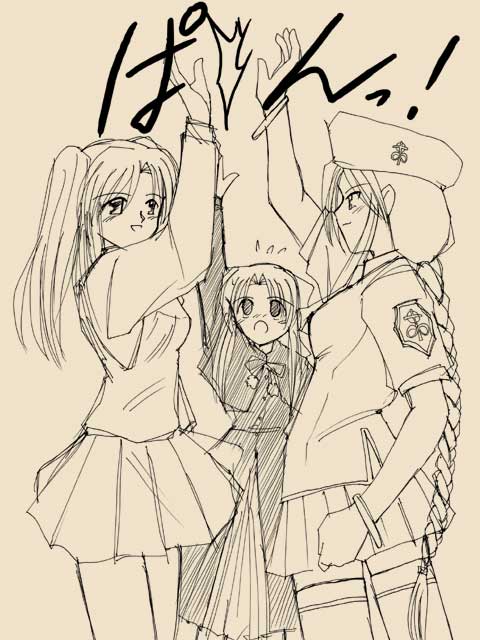 len (tsukihime), sion eltnam (type-moon), sion eltnam atlasia, yumizuka satsuki, tsukihime, derivative work, 00s, 3girls, ^^^, beret, blush, bow, bracelet, braid, capelet, clenched hand, hair bow, hat, height difference, high five, jewelry, long hair, monochrome, multiple girls, pleated skirt, reaching, school uniform, single braid, sketch, skirt, smile, sweat, thighhighs, twintails, very long hair, zettai ryouiki