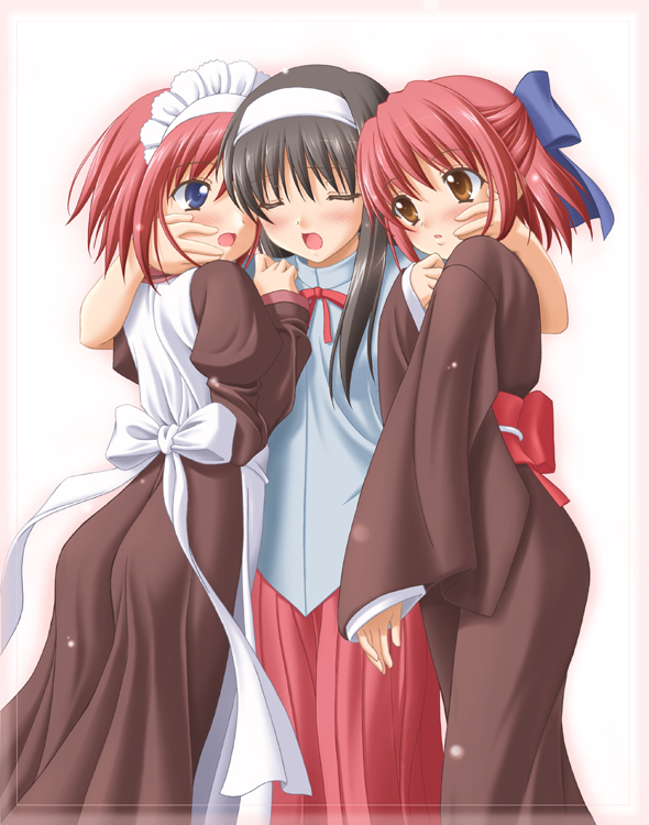 sin-go, hisui (tsukihime), kohaku (tsukihime), tohno akiha, tsukihime, 00s, 3girls, ass, black hair, blue eyes, blush, bow, brown eyes, closed eyes, hair bow, hairband, half updo, hug, japanese clothes, long hair, long sleeves, maid, multiple girls, open mouth, red hair, short hair, siblings, sisters, twins