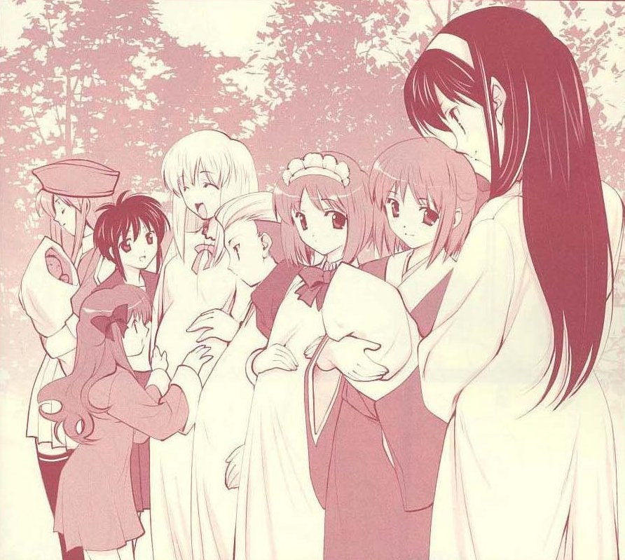 naruse hirofumi, arima miyako, hisui (tsukihime), kohaku (tsukihime), misawa hanei, seo akira, sion eltnam (type-moon), sion eltnam atlasia, tohno akiha, tsukihime souka, kagetsu tooya, melty blood, tsukihime, jpeg artifacts, 00s, 6+girls, :d, ^ ^, baby, bow, bowtie, breasts, closed eyes, dress, hat, long hair, maid, maid headdress, miniskirt, monochrome, multiple girls, open mouth, outdoors, pleated skirt, pregnant, red theme, siblings, sisters, skirt, small breasts, smile, thighhighs, tree, twins, wide sleeves, widow's peak, zettai ryouiki