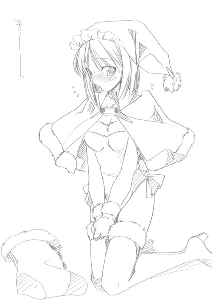 hisui (tsukihime), tsukihime, 00s, 1girl, blush, boots, cape, christmas, female focus, greyscale, hat, monochrome, sack, santa costume, santa hat, short hair, simple background, solo, thigh boots, thighhighs