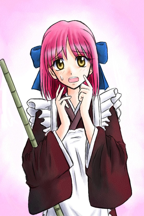 rikudou kei, kohaku (tsukihime), tsukihime, 00s, 1girl, apron, bamboo broom, broom, female focus, hair ribbon, japanese clothes, maid, maid apron, open mouth, pink hair, red hair, ribbon, short hair, solo, sweatdrop, teeth, wa maid, yellow eyes