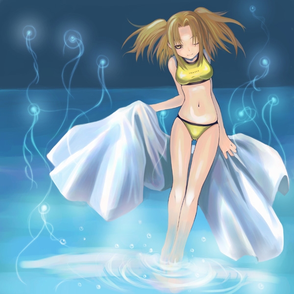 yumizuka satsuki, tsukihime, 00s, 1girl, aqua background, barefoot, bikini, brown eyes, brown hair, female focus, long hair, one eye closed, smile, solo, swimsuit, thigh gap, twintails, two side up, water, yellow bikini