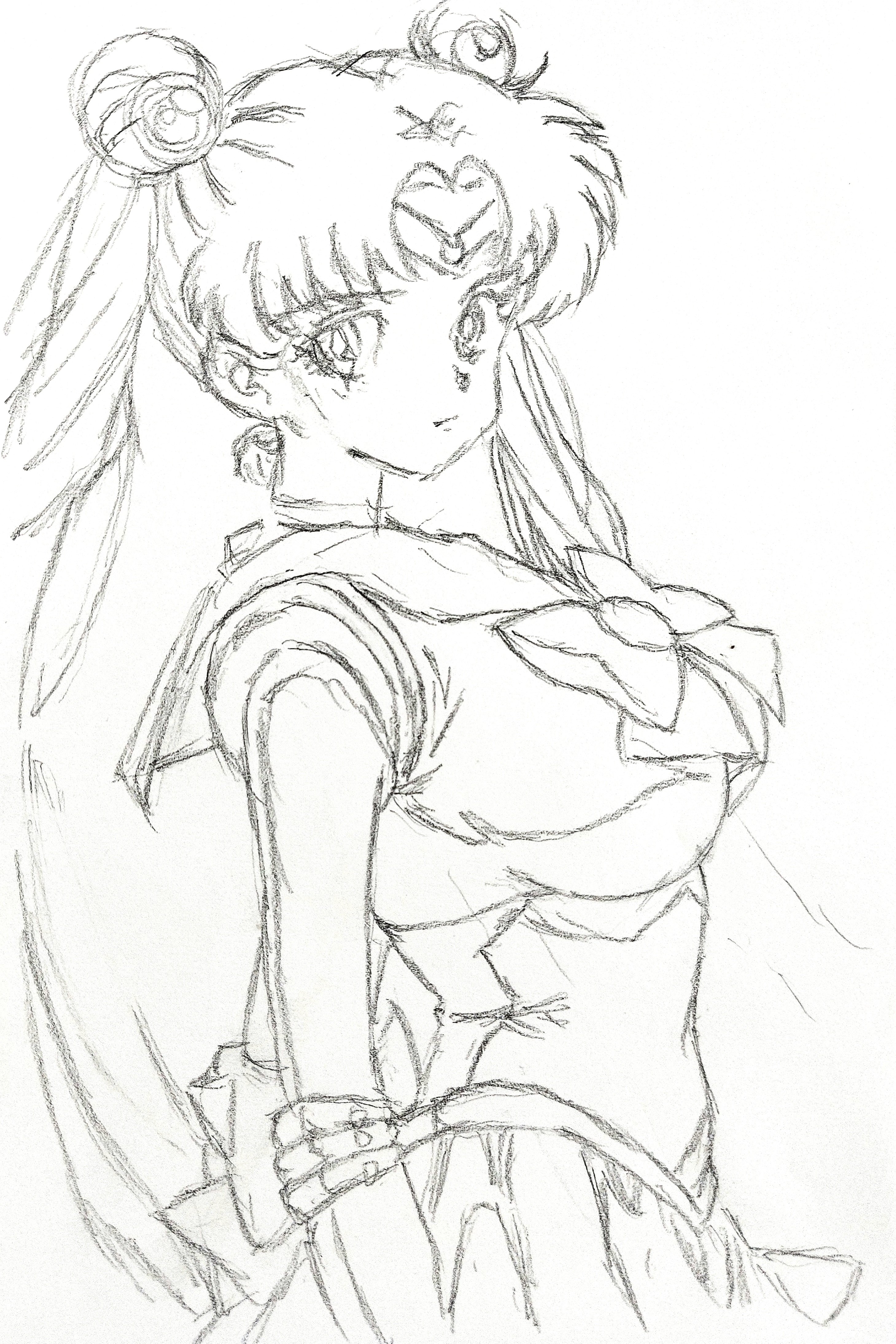 i4teruz, sailor moon, tsukino usagi, bishoujo senshi sailor moon, absurdres, graphite (medium), highres, traditional media, 1girl, back bow, bow, bowtie, breasts, brooch, circlet, crescent, double bun, elbow gloves, gloves, hair bun, hair ornament, jewelry, long hair, looking at viewer, looking back, medium breasts, miniskirt, parted bangs, pleated skirt, sailor collar, sketch, skirt, solo, twintails